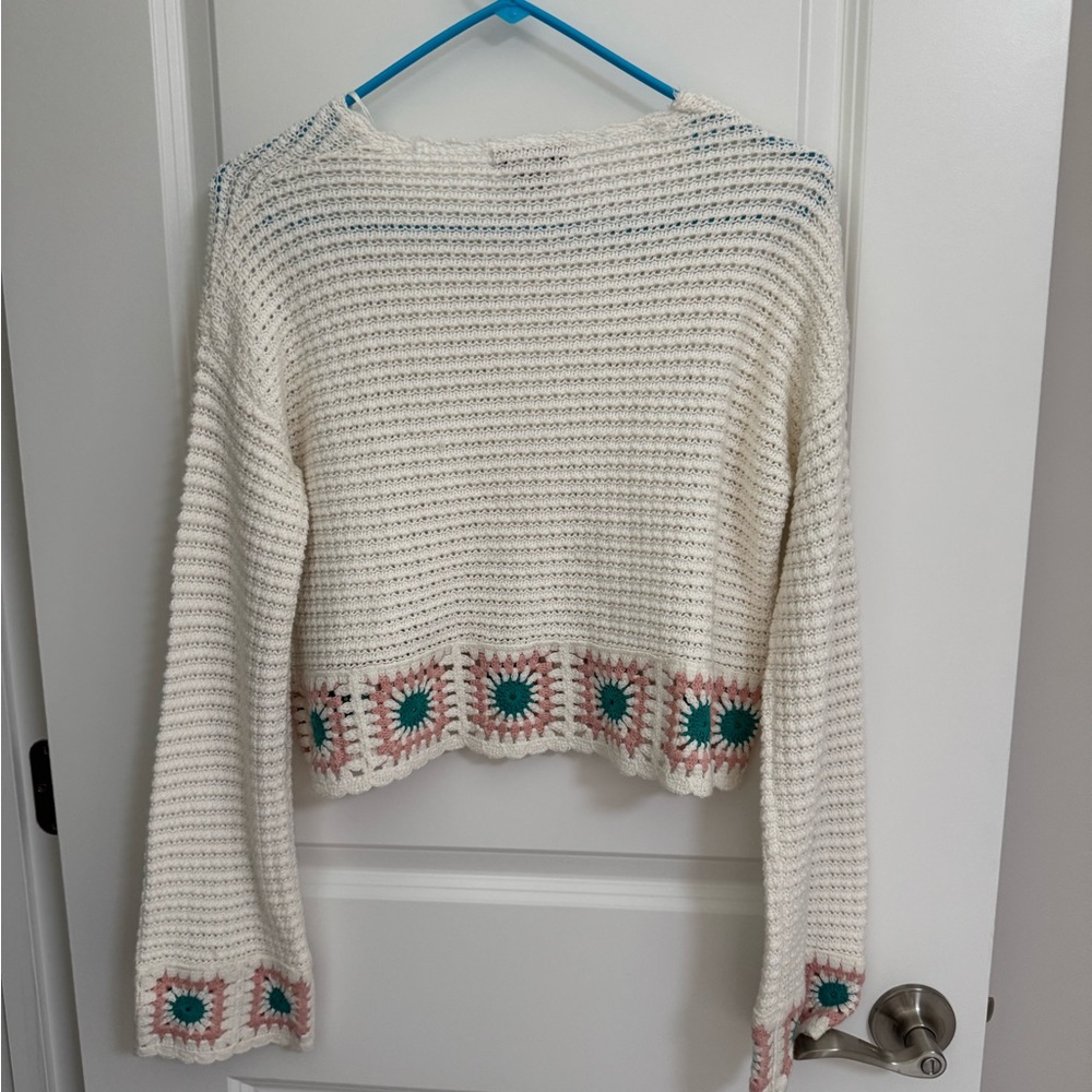 NWOT SINCERELY JULES Sz Med Long Sleeve Granny Square Crop Sweater Cottagecore - Picture 6 of 8